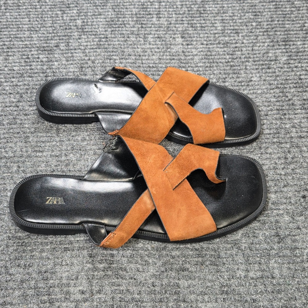 Zara Suede Crossover Toe Loop Flat Sandals Women's Size 37 US 6.5 Brown Slip On - Picture 8 of 8